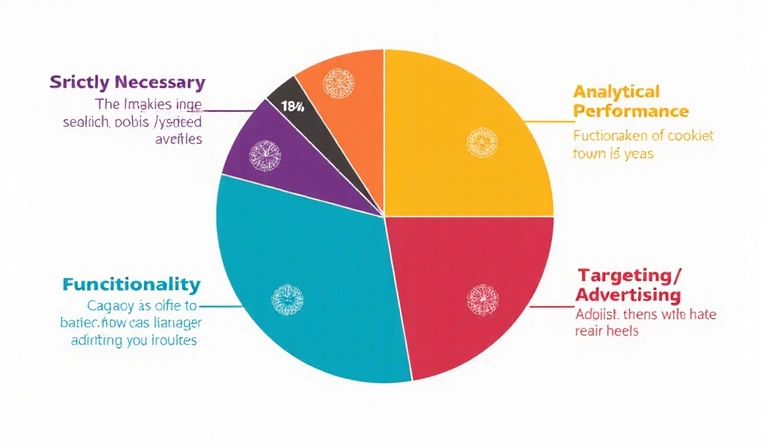 A colorful pie chart illustrating different types of cookies and their usage percentages, with labels for essential, analytical, functionality, and advertising
